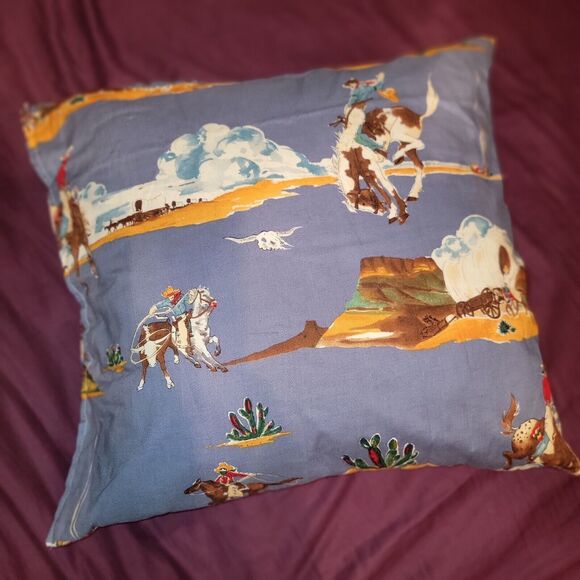 Upcycled Western Throw Pillow Cattle Steering Cowboys Stagecoach Horses Country - Picture 6 of 8